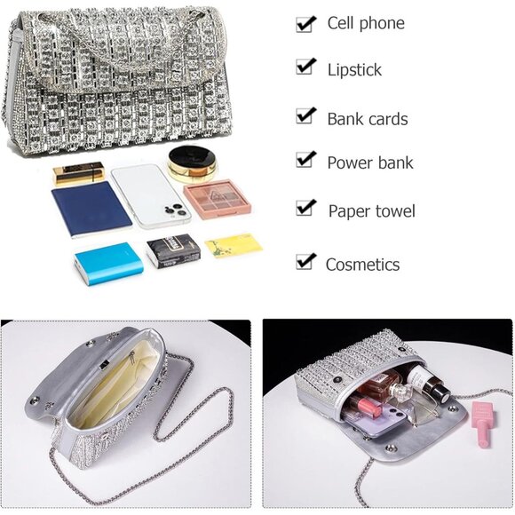 ⚡ Women\'s Rhinestones Silver Chain Shoulder Sparkly Cocktail Clutch Party Bag